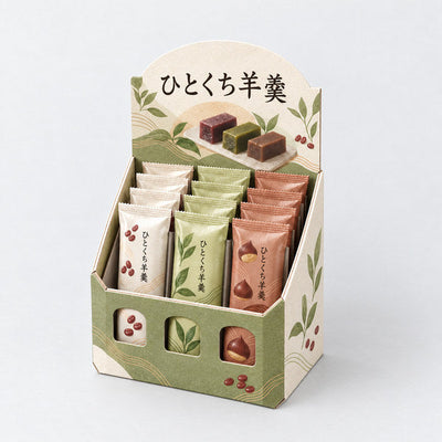 オーダーメイド カウンタータイプ什器 お菓子用 3列仕切り 前面に抜き窓 W140 D120 H210|和菓子・ようかんを陳列した全体イメージ