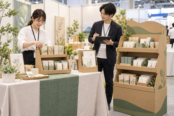 紙製什器に商品サンプルとカタログを並べて展示会の準備をする担当者｜紙製什器ドットコム