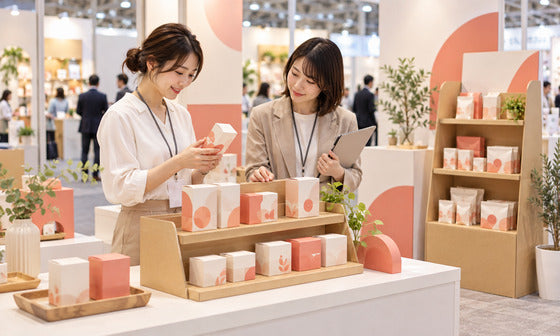 紙製什器に並べた商品の見やすさと取りやすさを確認する展示会担当者｜紙製什器ドットコム