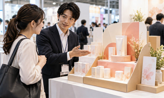 紙製什器に並べた主役の商品を見ながら説明を聞く展示会の来場者｜紙製什器ドットコム