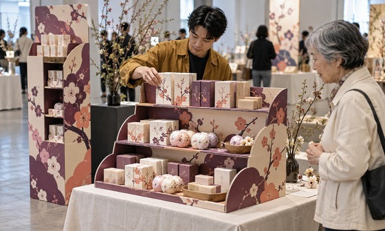 植物柄を印刷した紙製什器にバス用品を陳列した展示会の装飾例｜紙製什器ドットコム