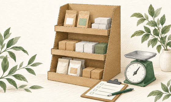 紙製什器の耐荷重と商品重量の確認を表す什器とはかりのイラスト｜紙製什器ドットコム