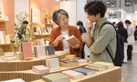紙製ディスプレイに文具を並べてノートの特長を説明する出展者｜紙製什器ドットコム