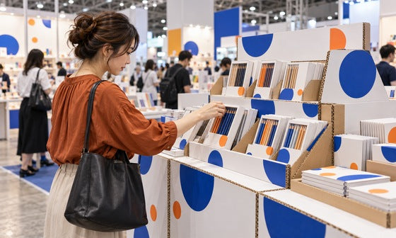 印刷した紙製什器の商品を手に取り展示を確かめる来場者｜紙製什器ドットコム