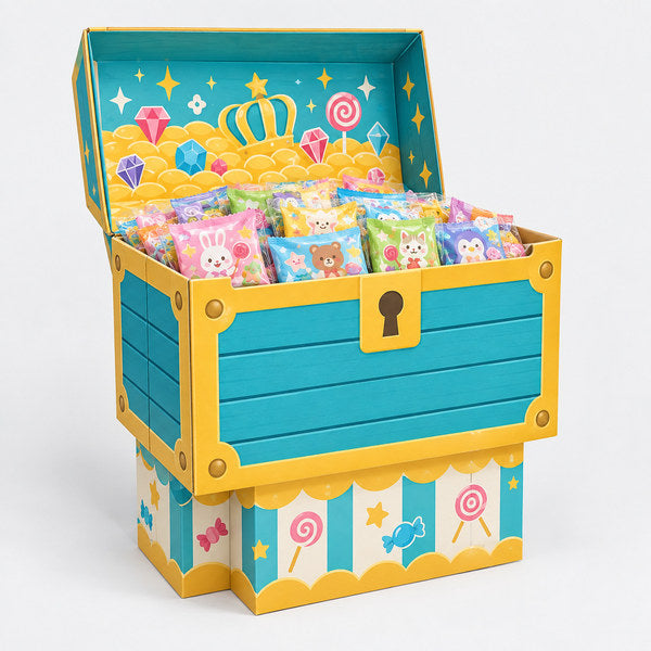 オーダーメイド フロアタイプ什器 お菓子用 宝箱モチーフ 投げ込み式 W620 D470 H700｜知育菓子・キャラクター菓子を陳列した全体イメージ