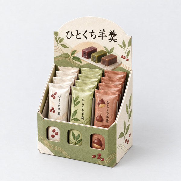 オーダーメイド カウンタータイプ什器 お菓子用 3列仕切り 前面に抜き窓 W140 D120 H210｜和菓子・ようかんを陳列した全体イメージ