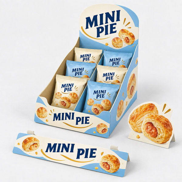 オーダーメイド POPタイプ お菓子用 販促物3点セット 3段ひな壇 W170 D260 H230｜焼き菓子・個包装スナックを陳列した全体イメージ