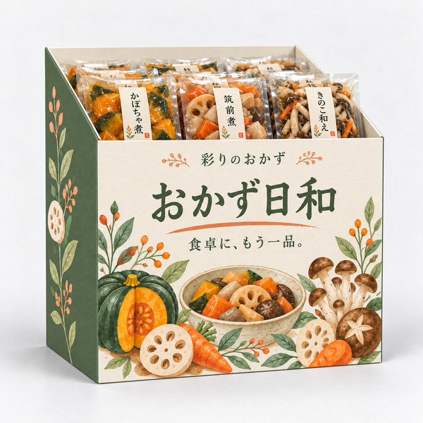 オーダーメイド フロアタイプ什器 加工食品用 投げ込み式 大判の正面訴求面 W480 D190 H550｜惣菜パウチ・チルド加工食品を陳列した全体イメージ