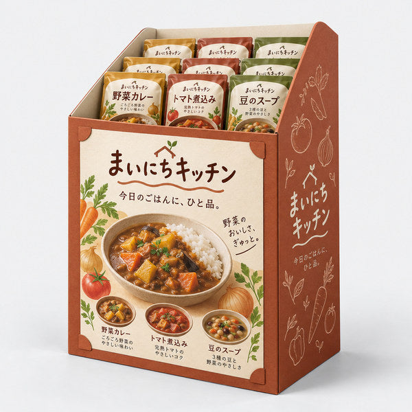 オーダーメイド フロアタイプ什器 加工食品用 ポスター差込 約10kg対応 W430 D260 H600｜レトルト・加工食品を陳列した全体イメージ