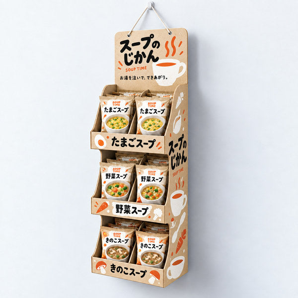 オーダーメイド 吊り下げタイプ什器 加工食品用 3段ポケット 味別に表示 W165 D120 H560｜即席スープ・フリーズドライを陳列した全体イメージ