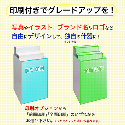 フロアタイプ什器 平置台ひな壇付き W450 D450 H850｜印刷オプションの説明