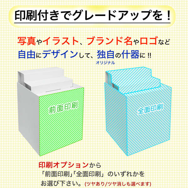 フロアタイプ什器 平置台ひな壇付き W600 D600 H850｜印刷オプションの説明