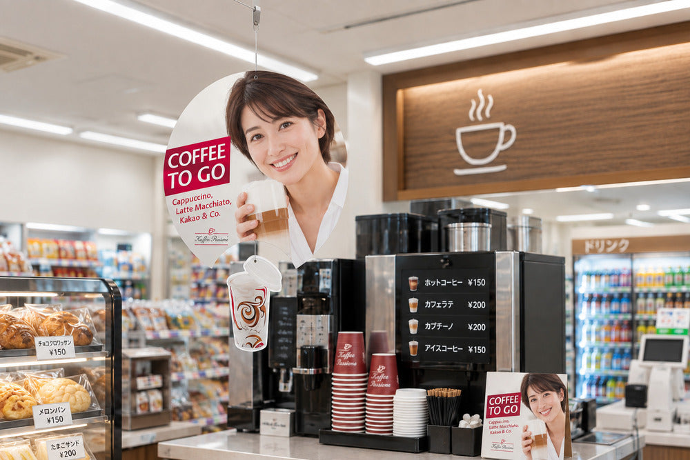 コンビニのコーヒー売り場を装飾する、女性の写真入り円形パネルとカップ型パネルの吊り下げPOP｜誉PRINTING