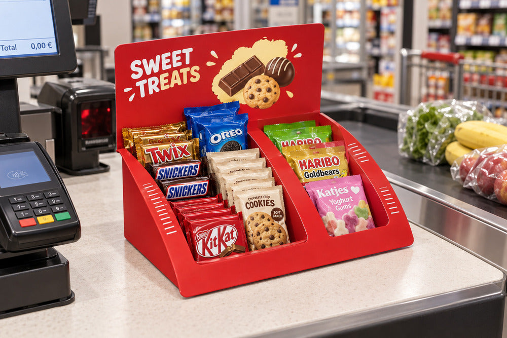 スーパーのレジ横でチョコレートやクッキーを陳列する赤い紙製卓上ディスプレイ什器｜誉PRINTING