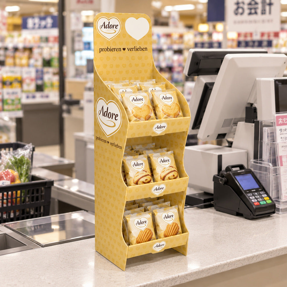 スーパーのレジ前で個包装の焼き菓子を陳列する、黄色の3段卓上紙製什器