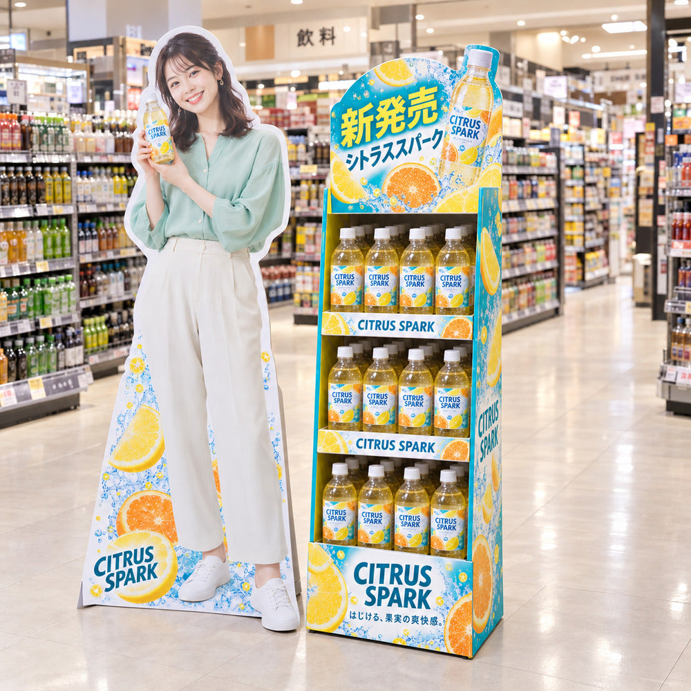 スーパーの新商品飲料キャンペーンで使用する、女性の等身大パネルとペットボトルを各段4本並べた3段フロア什器